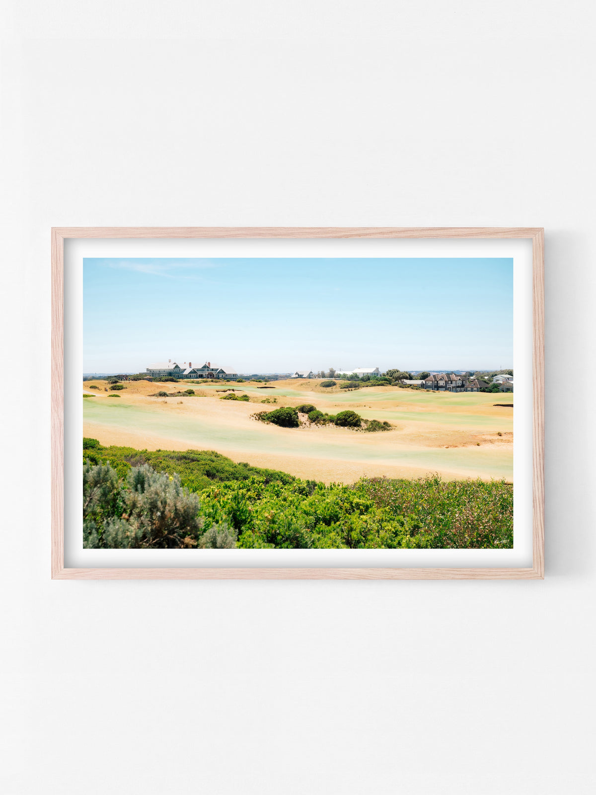 Barwon Heads Golf Course Summer Fairways Landscape print in a natural oak shadowbox frame