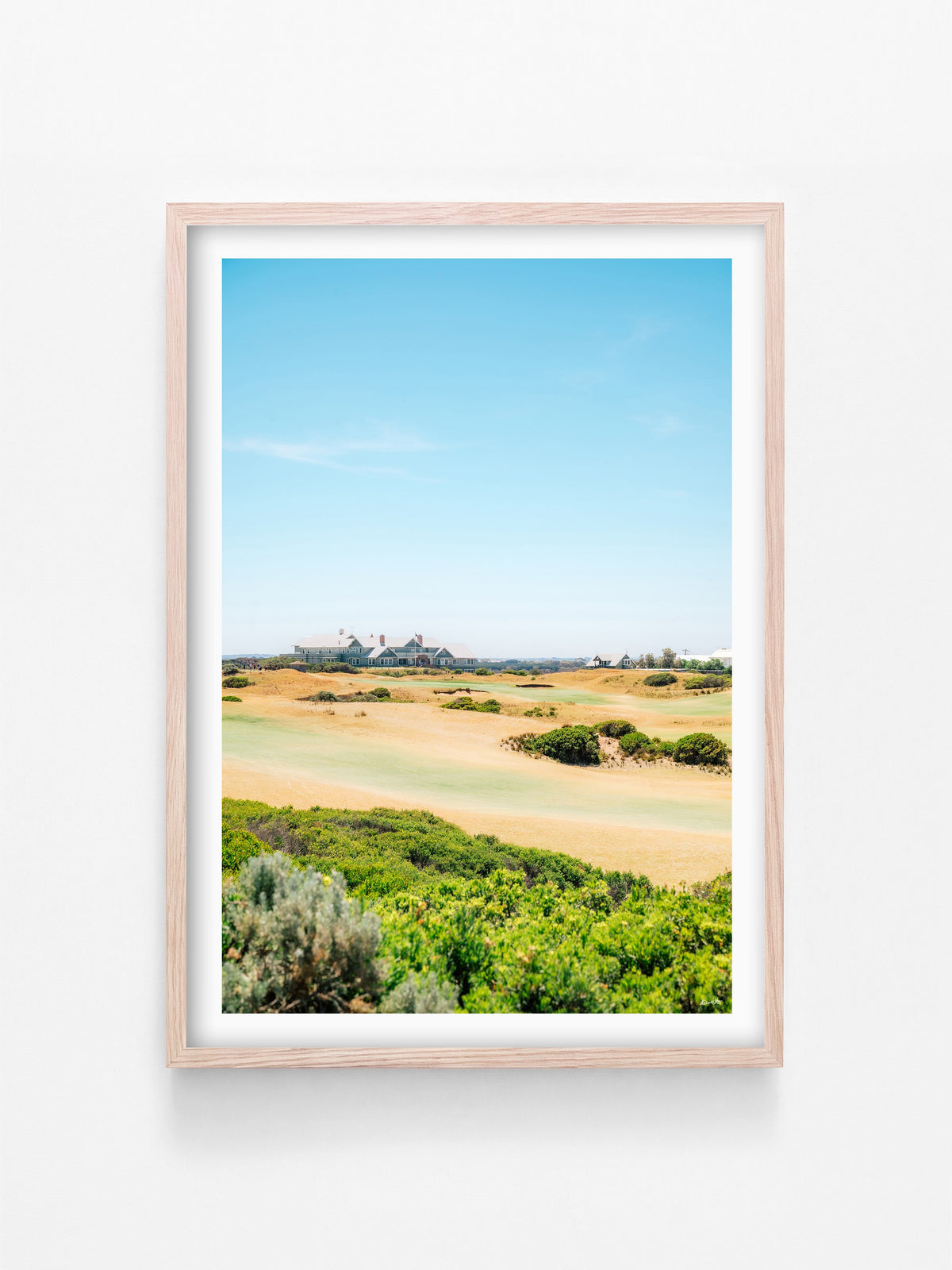 Barwon Heads Golf Course Summer Fairways Portrait print in a natural oak shadowbox frame