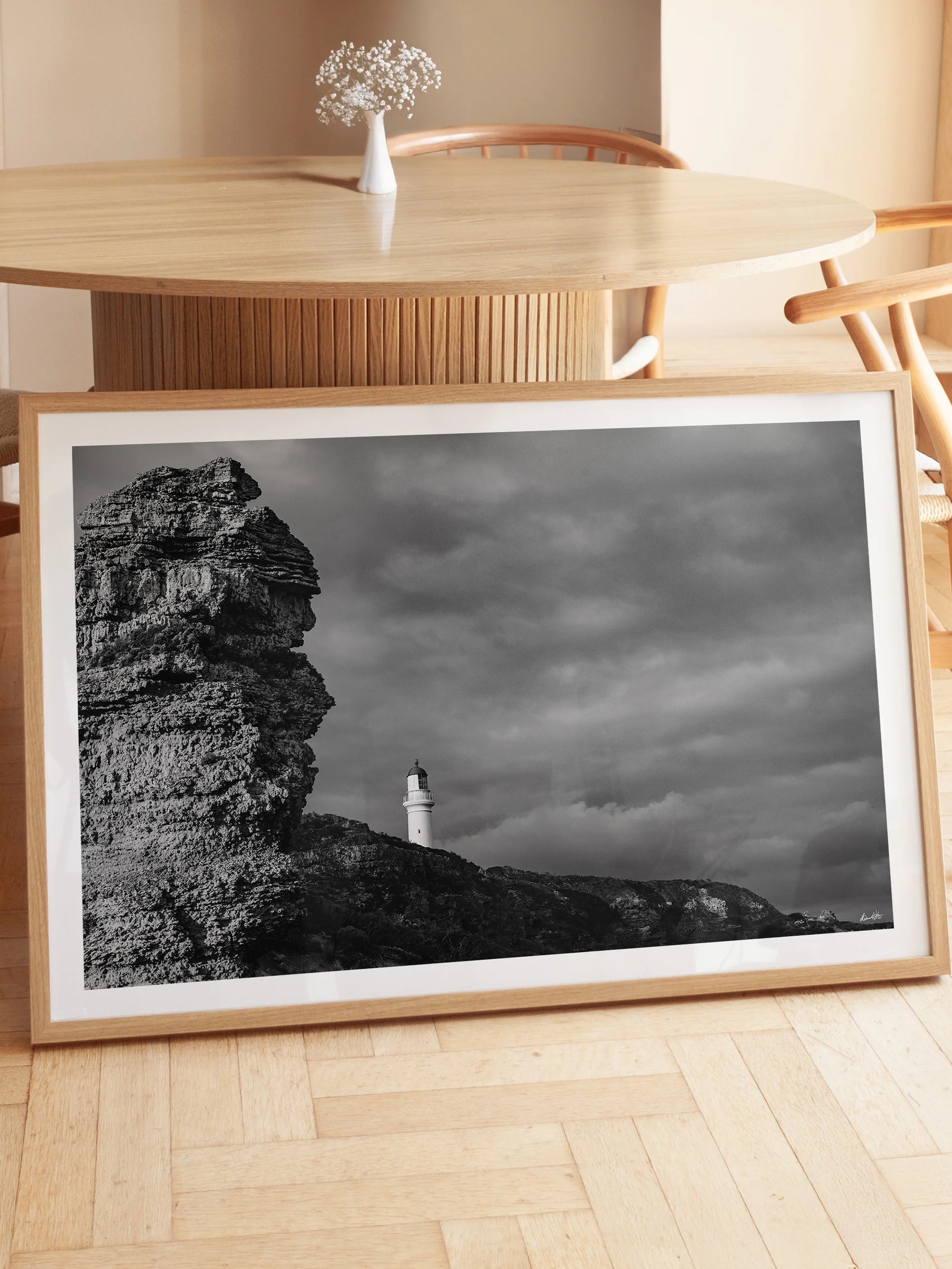 Aireys Inlet Lighthouse and Rocks Black and White