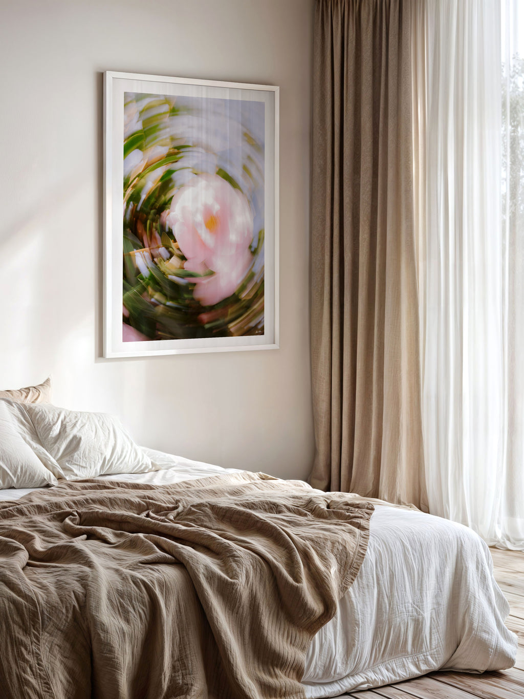 Bright Flower Series - Camellia Japonica Pink framed print hanging above a bed in a bright bedroom