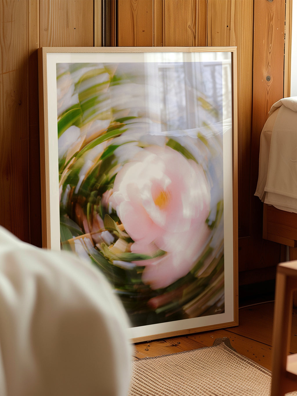 Bright Flower Series - Camellia Japonica Pink framed print leaning against a timber-panelled wall