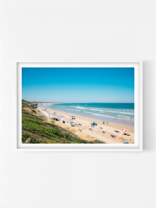 A Day at Ocean Grove Beach print in a white shadowbox frame, Bellarine Peninsula