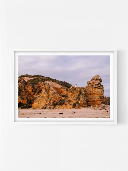 Aireys Inlet Cliffs and Lighthouse print in a white shadowbox frame, Surf Coast