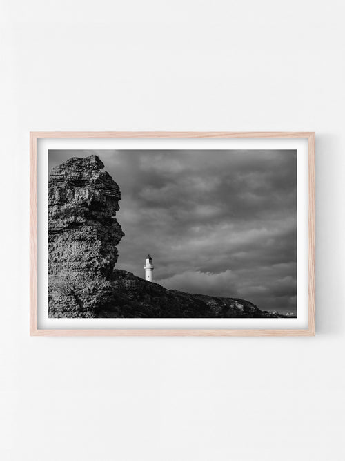 Aireys Inlet Lighthouse and Rocks Black and White print in a natural oak shadowbox frame