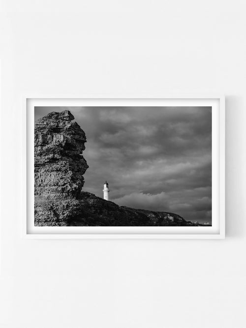 Aireys Inlet Lighthouse and Rocks Black and White print in a white shadowbox frame, Surf Coast