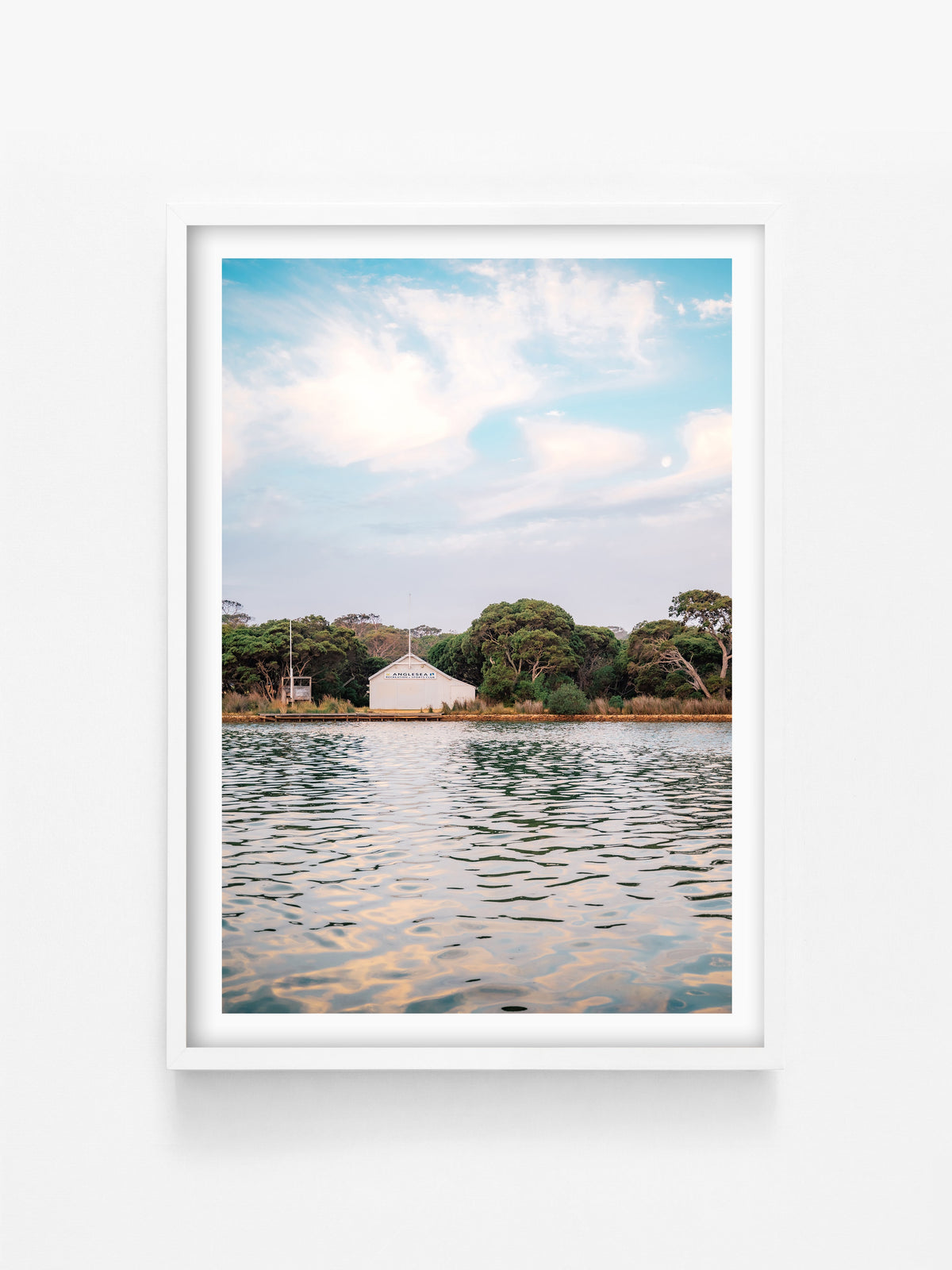 Anglesea Sports Club at Sunset Portrait print in a white shadowbox frame, Surf Coast