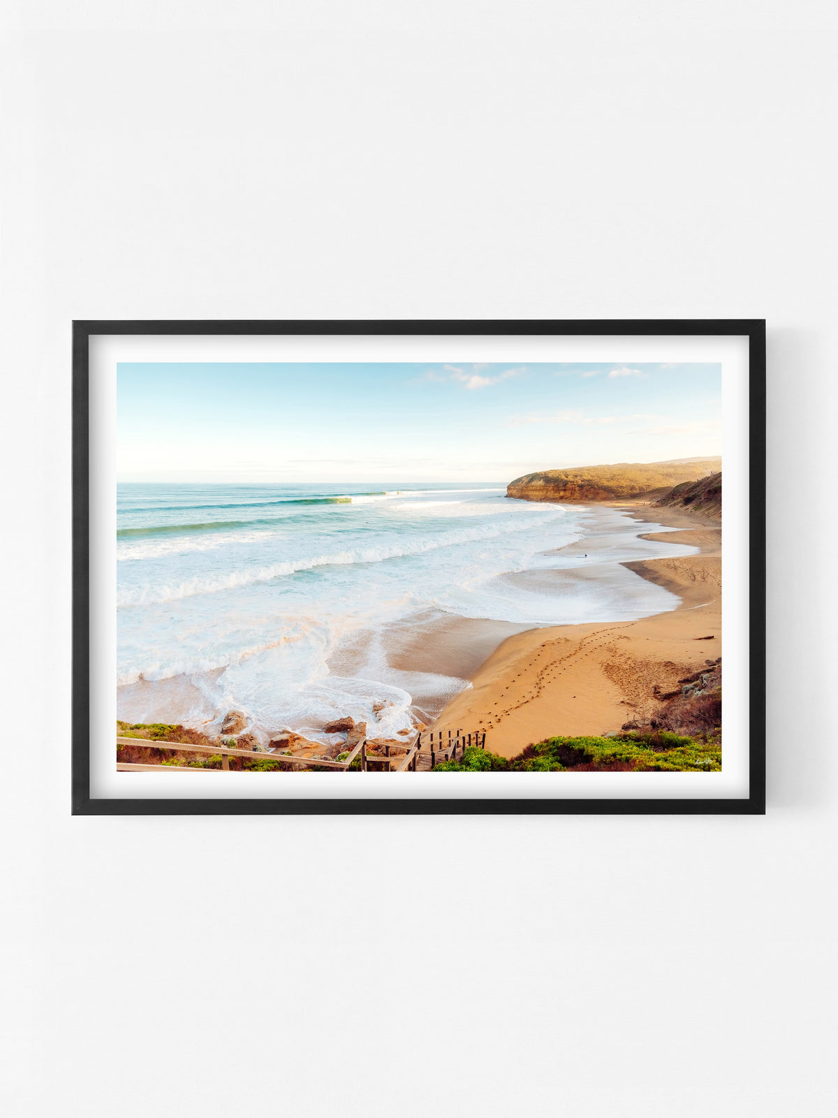 Bells Beach at Sunset print in a black shadowbox frame