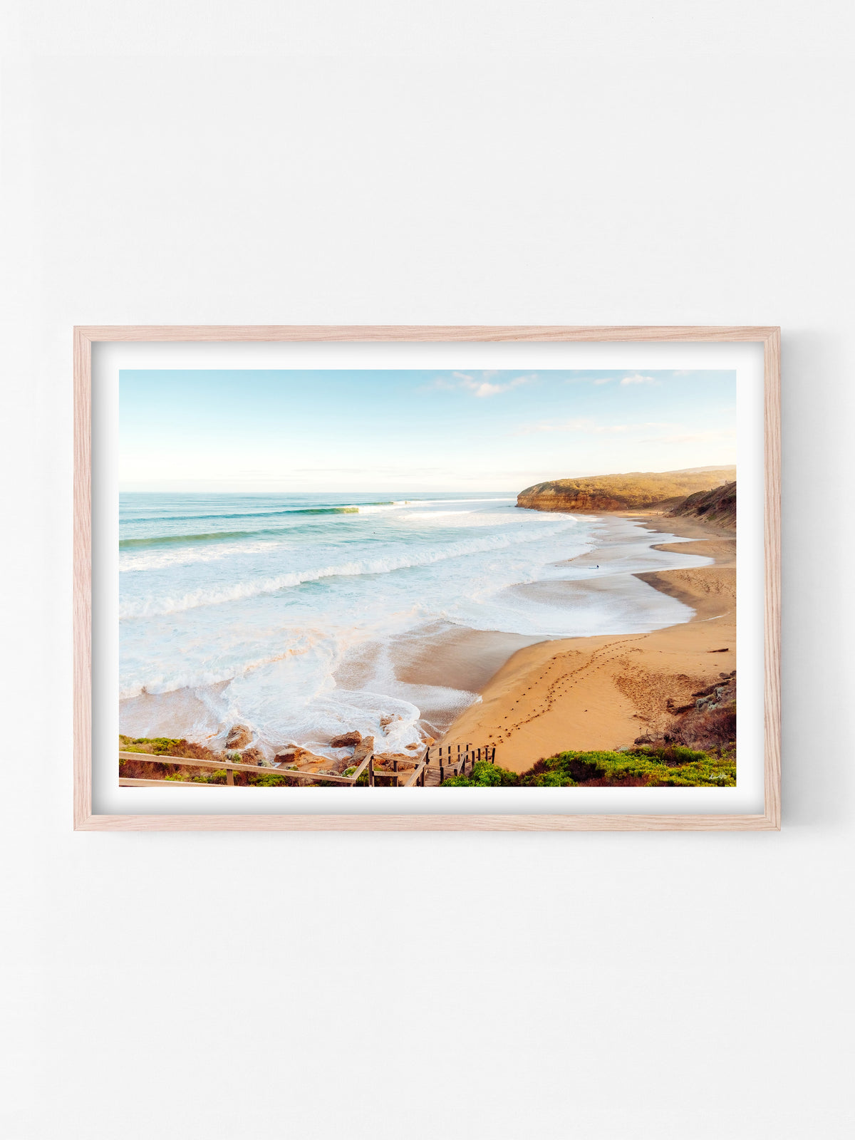 Bells Beach at Sunset print in a natural oak shadowbox frame