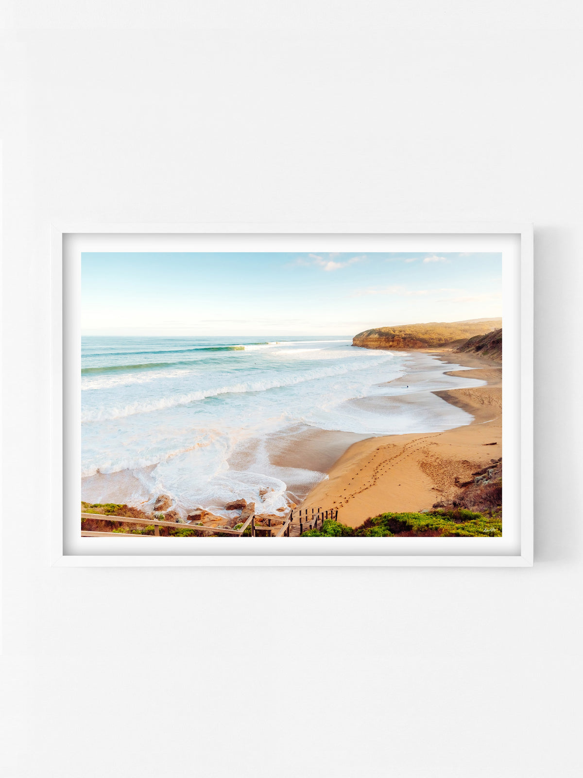 Bells Beach at Sunset print in a white shadowbox frame, Surf Coast