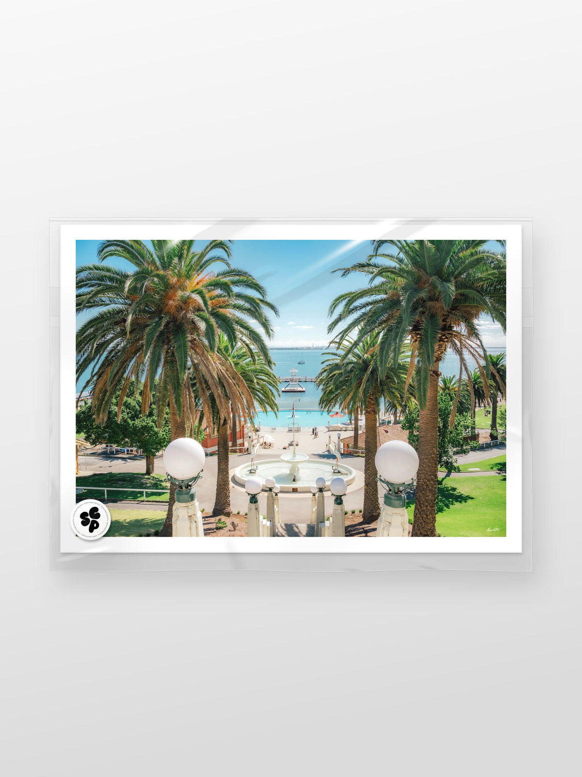 Eastern Beach Stairs to Pavilion View print in a protective sleeve