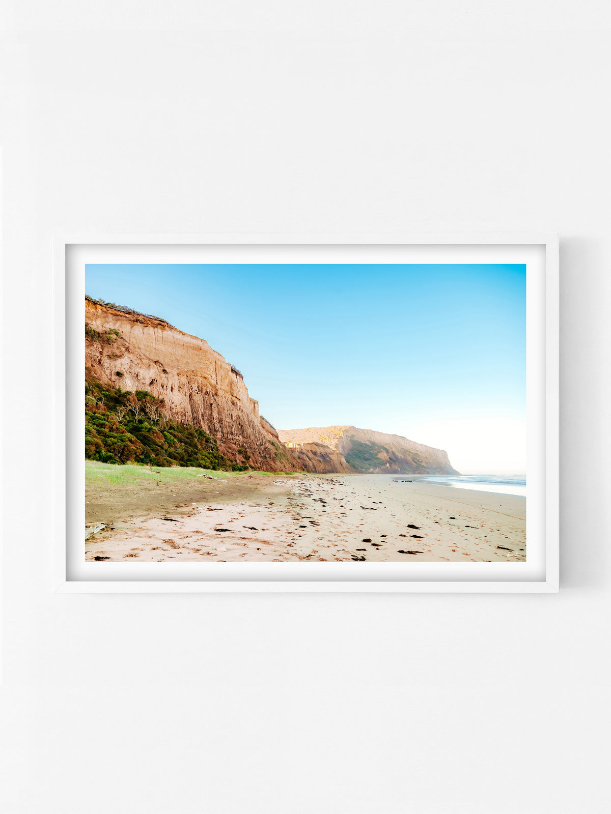 Jarosite Cliffs Point Addis at Sunset print in a white shadowbox frame, Surf Coast