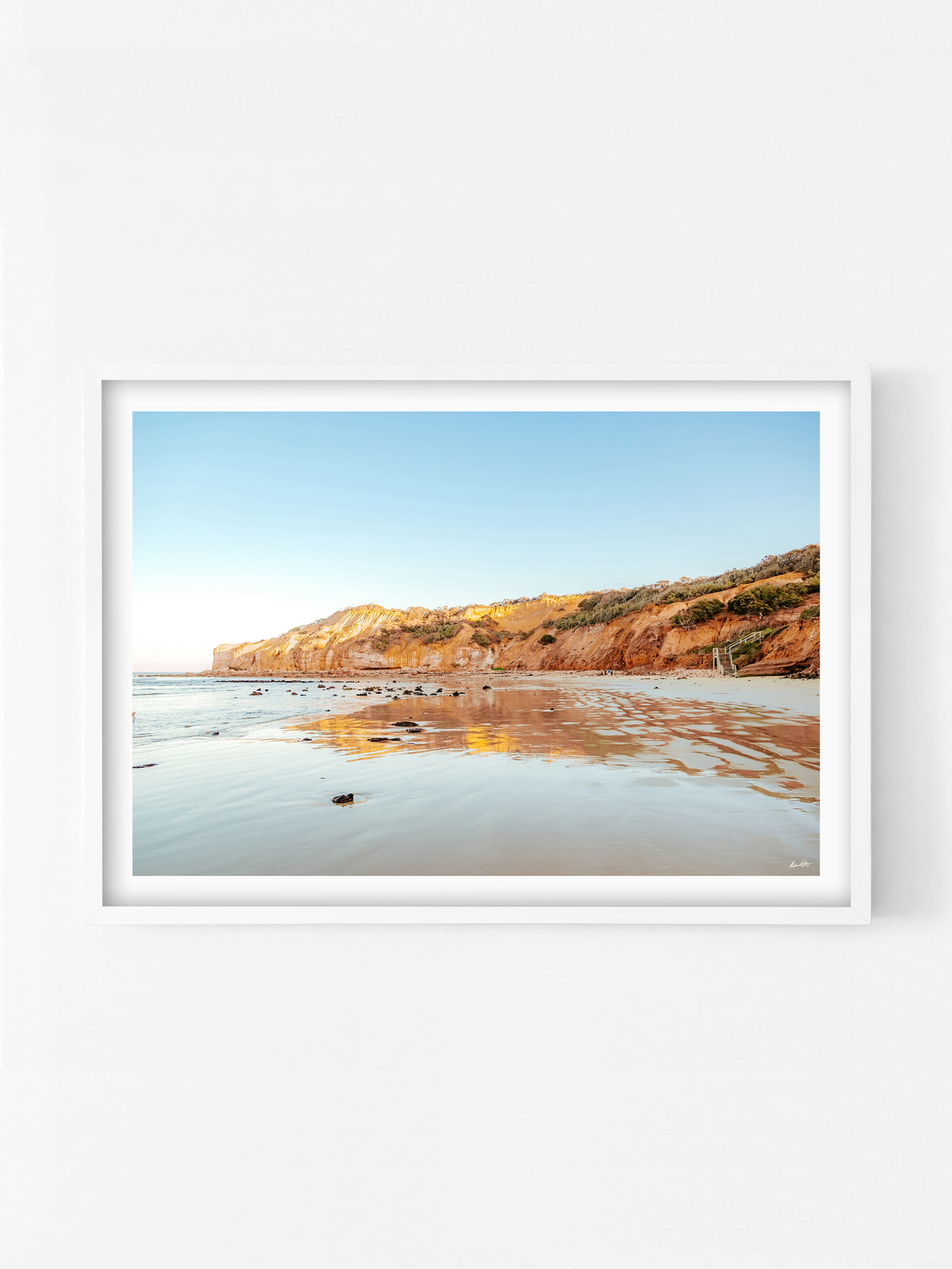 Jarrah Cove Point Addis Sunset print in a white shadowbox frame, Surf Coast