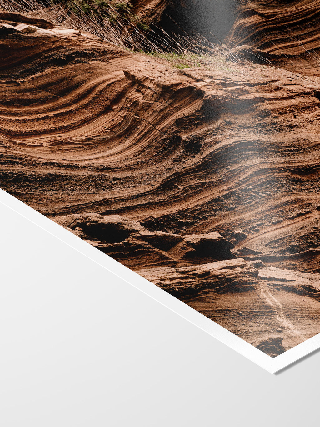 Corner of the Lake Purrumbete Volcanic Rock Face print showing archival Smooth Pearl photo paper and white border