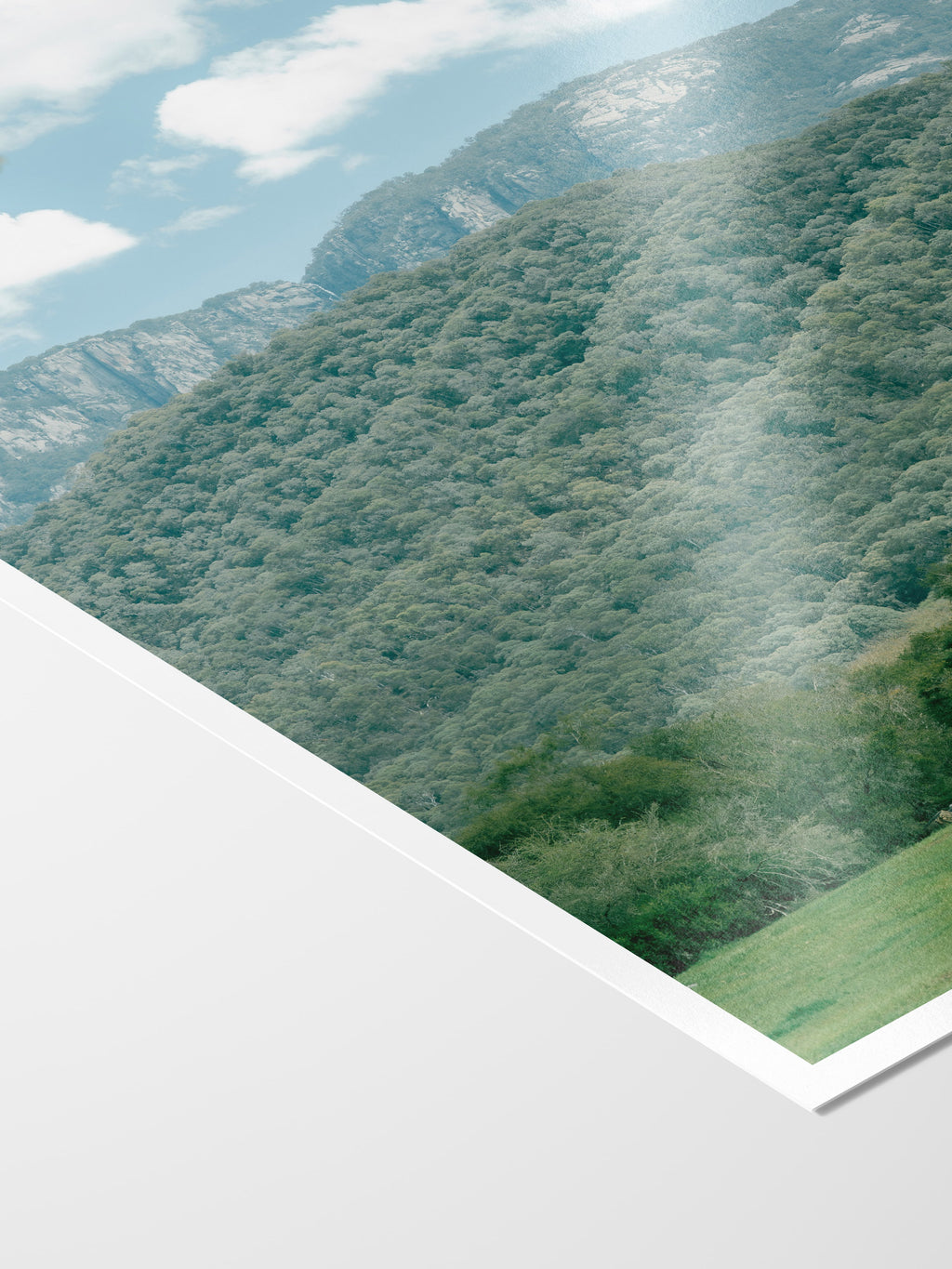 Corner of the Mount Buffalo in Spring Midday Sun print showing archival Smooth Pearl photo paper and white border