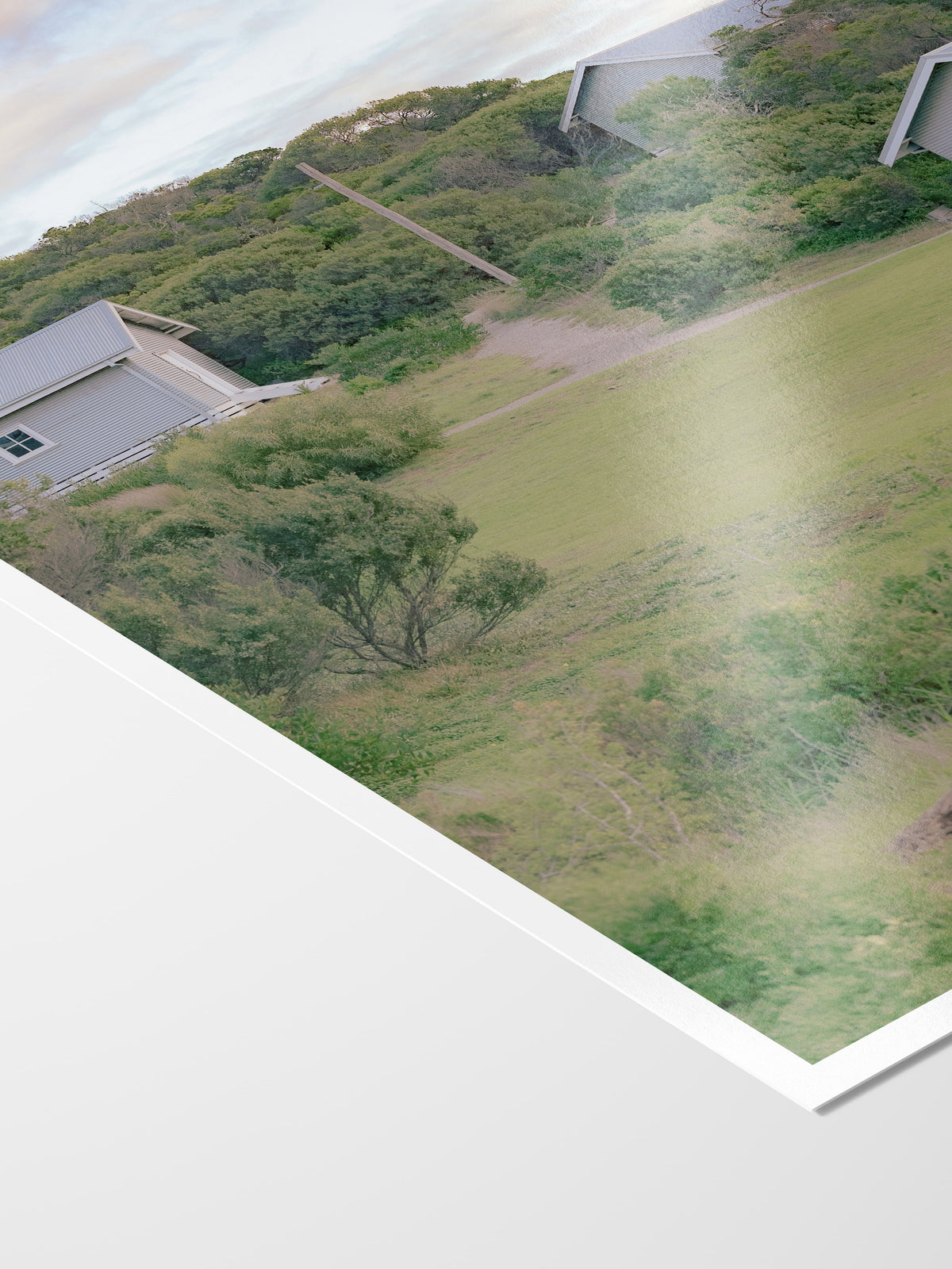 Corner of the Point Lonsdale Heritage Huts on Lighthouse Approach print showing archival Smooth Pearl photo paper and white border