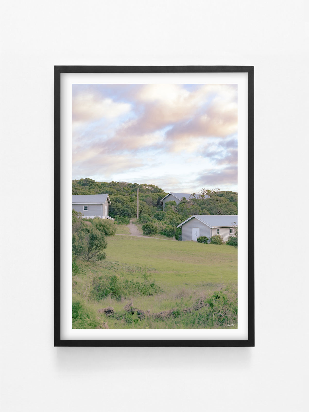 Point Lonsdale Heritage Huts on Lighthouse Approach print in a black shadowbox frame