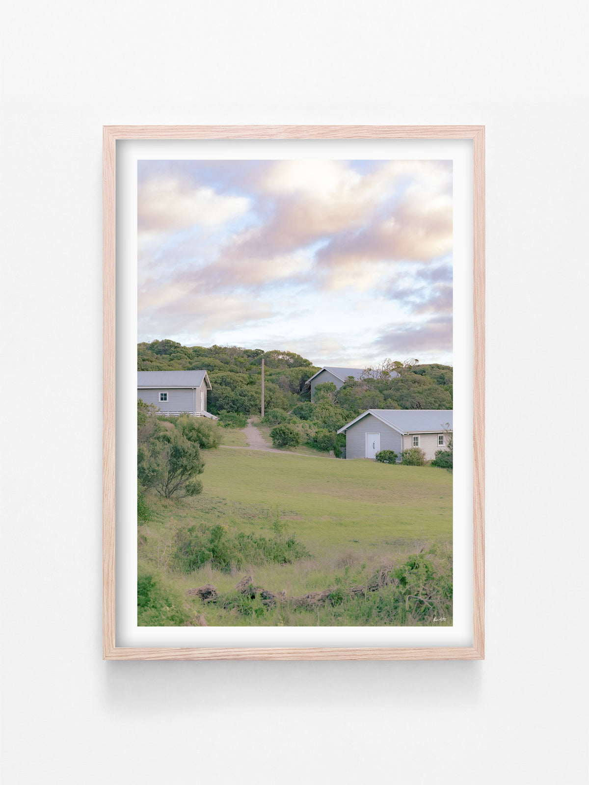 Point Lonsdale Heritage Huts on Lighthouse Approach print in a natural oak shadowbox frame