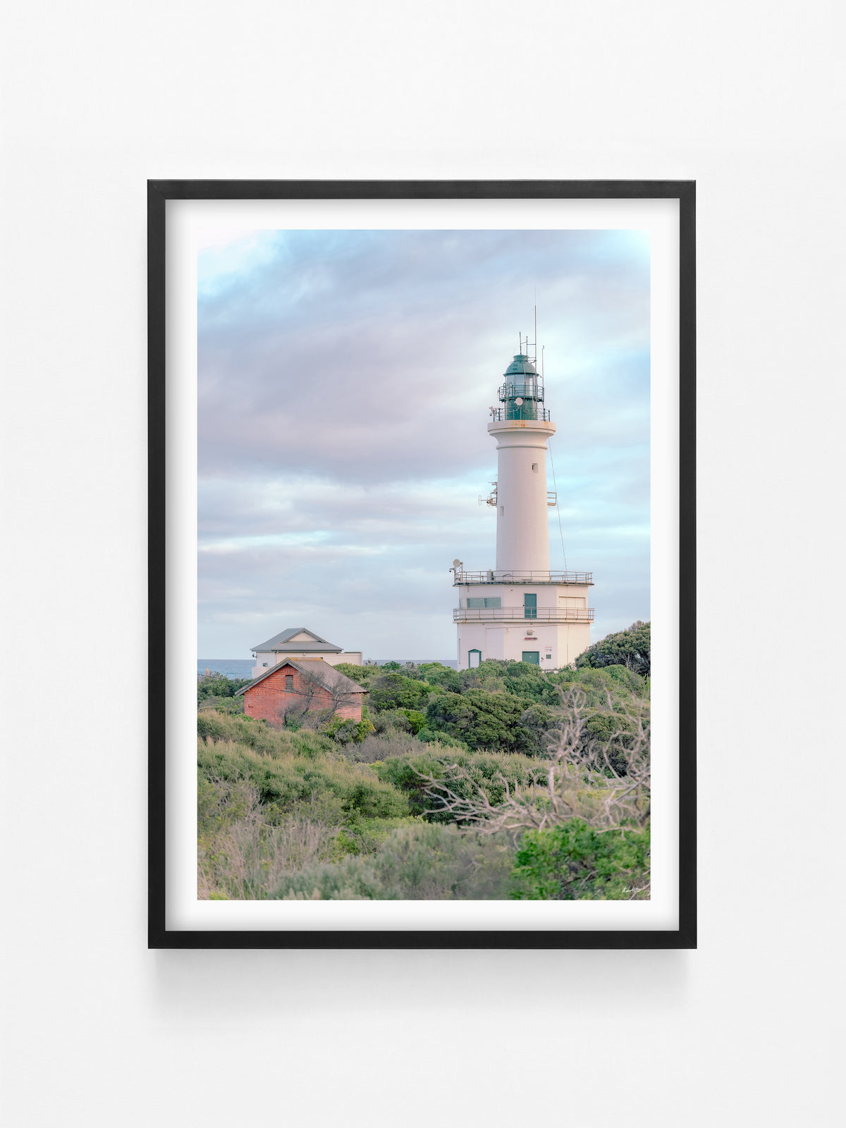 Point Lonsdale Lighthouse Above the Scrub print in a black shadowbox frame