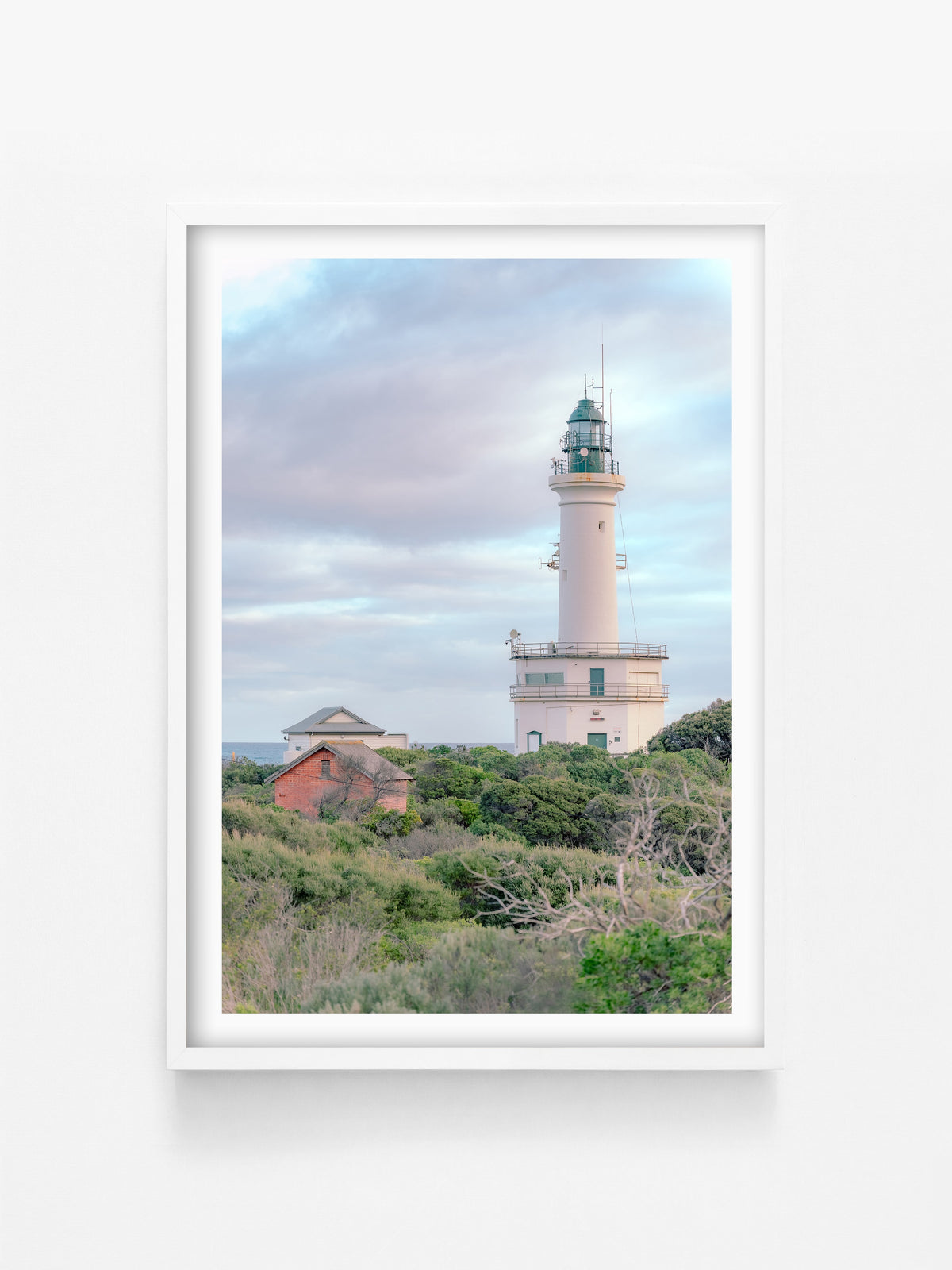 Point Lonsdale Lighthouse Above the Scrub print in a white shadowbox frame, Bellarine Peninsula