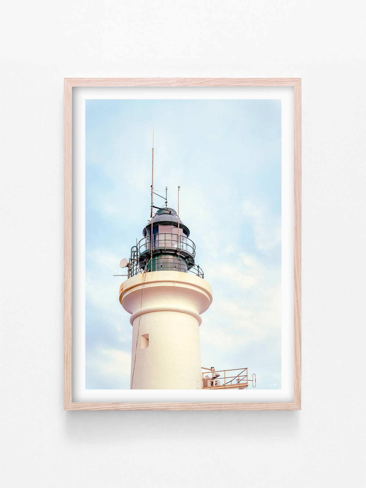 Point Lonsdale Lighthouse Beacon in Winter Sunset Light print in a natural oak shadowbox frame