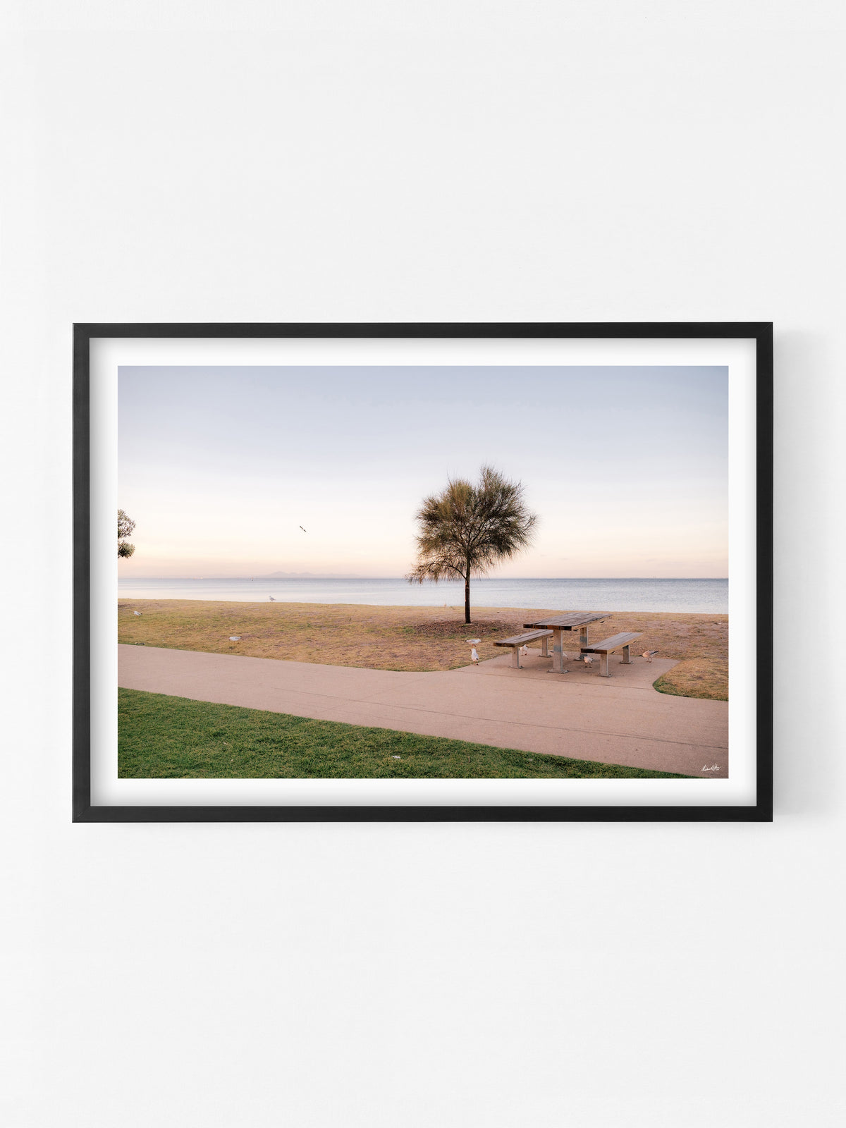 Portarlington Beach at Sunset print in a black shadowbox frame