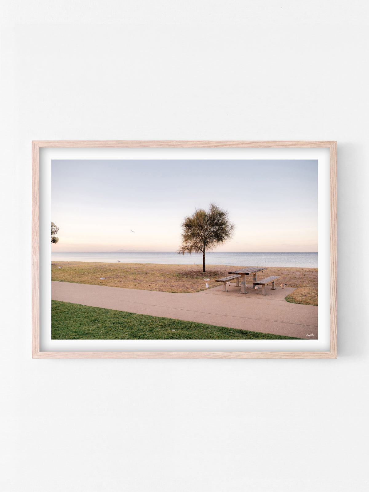 Portarlington Beach at Sunset print in a natural oak shadowbox frame