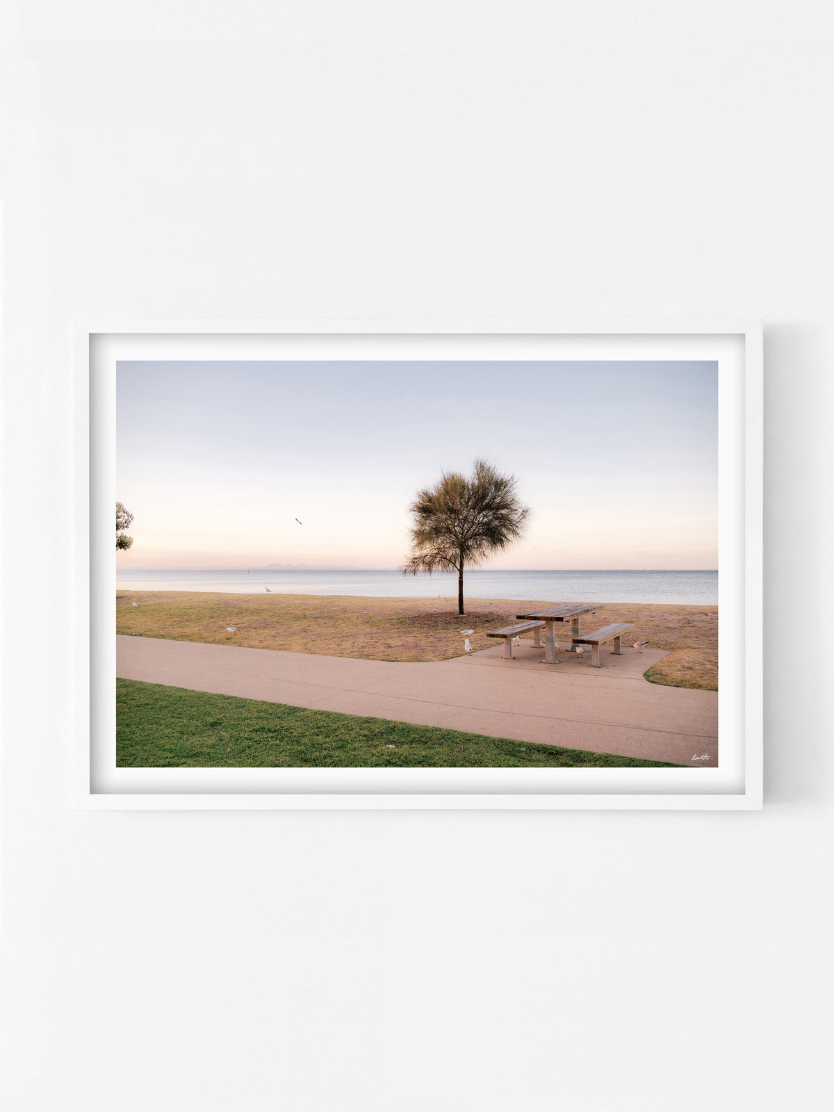 Portarlington Beach at Sunset print in a white shadowbox frame, Bellarine Peninsula