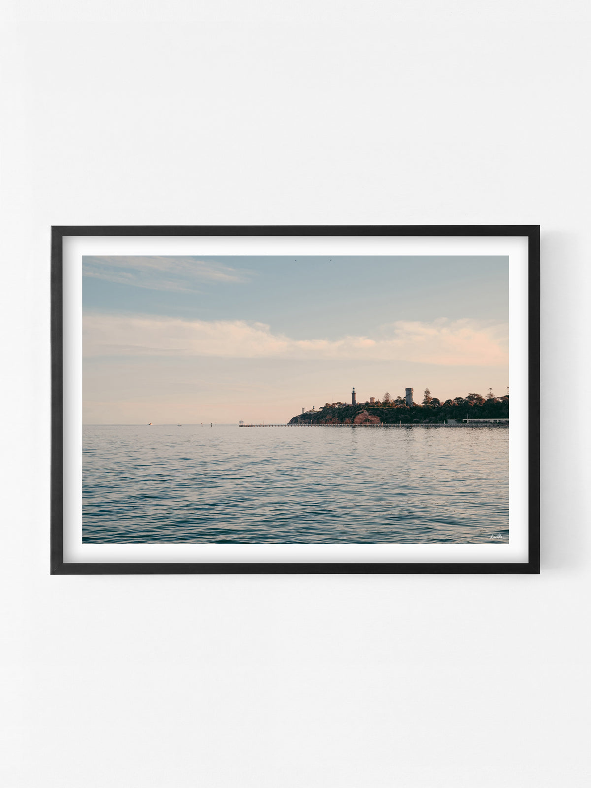 Queenscliff Black Lighthouse View print in a black shadowbox frame