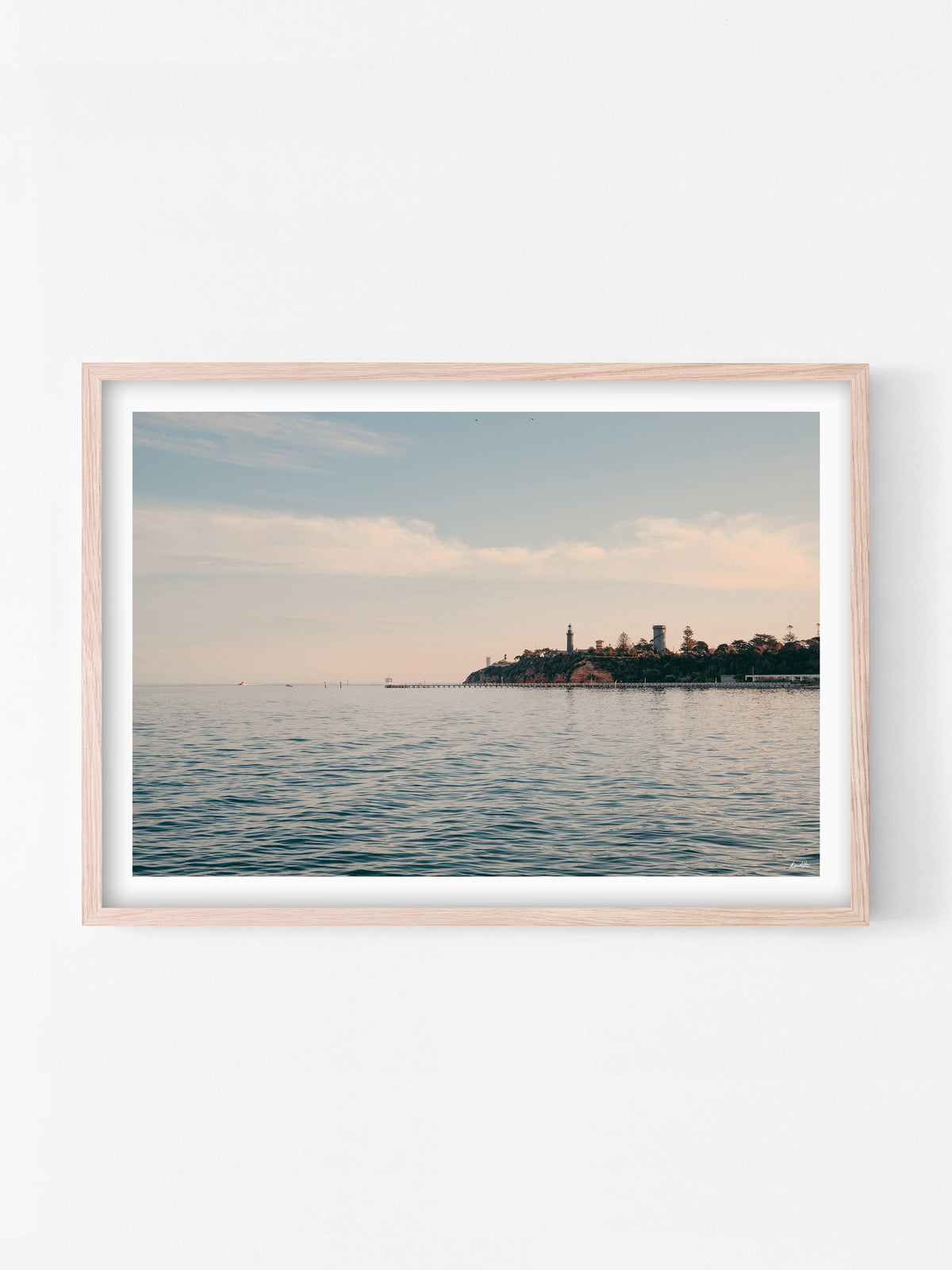 Queenscliff Black Lighthouse View print in a natural oak shadowbox frame
