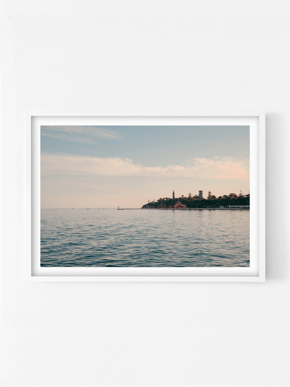 Queenscliff Black Lighthouse View print in a white shadowbox frame, Bellarine Peninsula