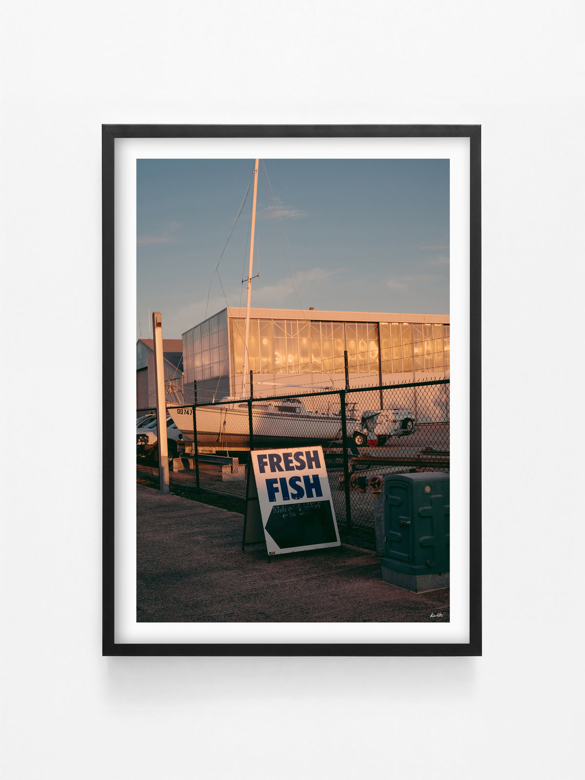 Queenscliff Harbour Fish and Chips print in a black shadowbox frame