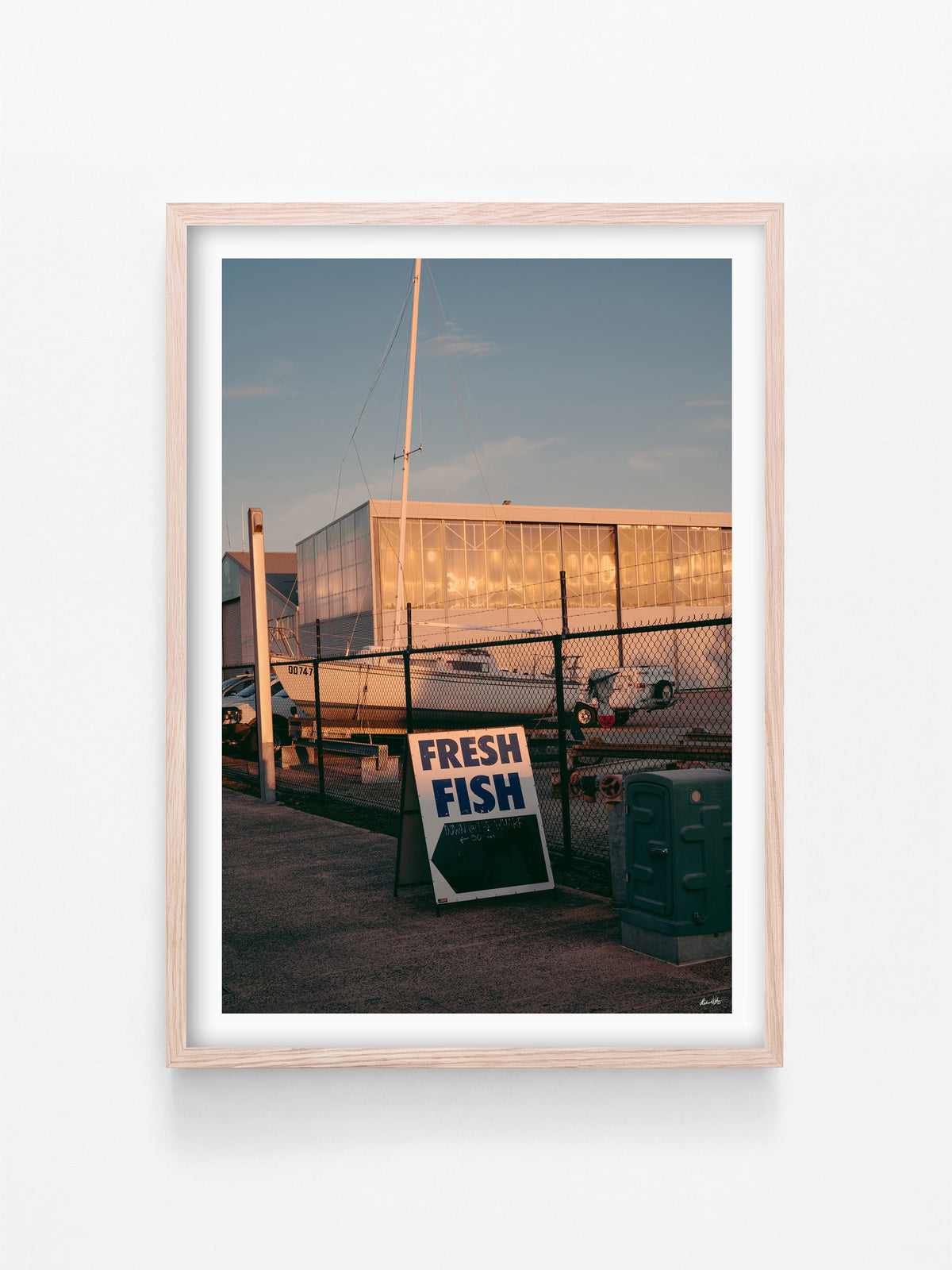 Queenscliff Harbour Fish and Chips print in a natural oak shadowbox frame