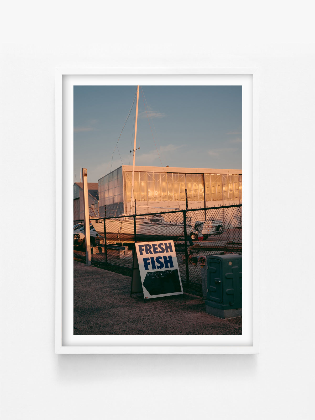 Queenscliff Harbour Fish and Chips print in a white shadowbox frame, Bellarine Peninsula