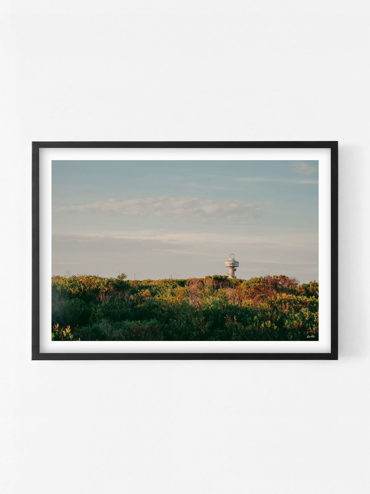 Queenscliff Harbour Observation Tower at Sunset print in a black shadowbox frame