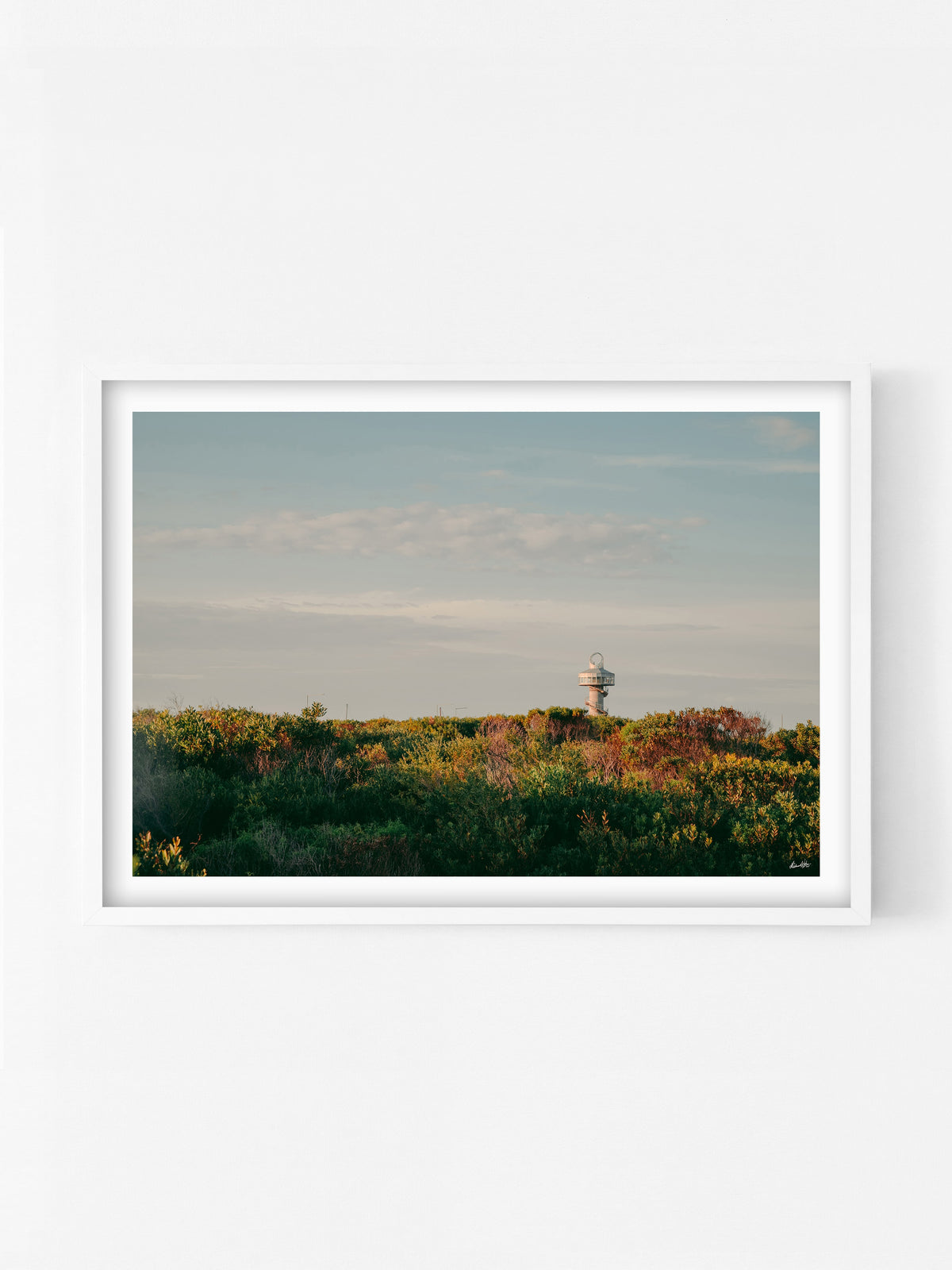 Queenscliff Harbour Observation Tower at Sunset print in a white shadowbox frame, Bellarine Peninsula