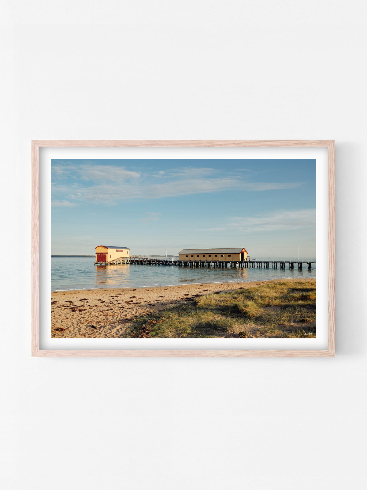 Queenscliff South Pier print in a natural oak shadowbox frame