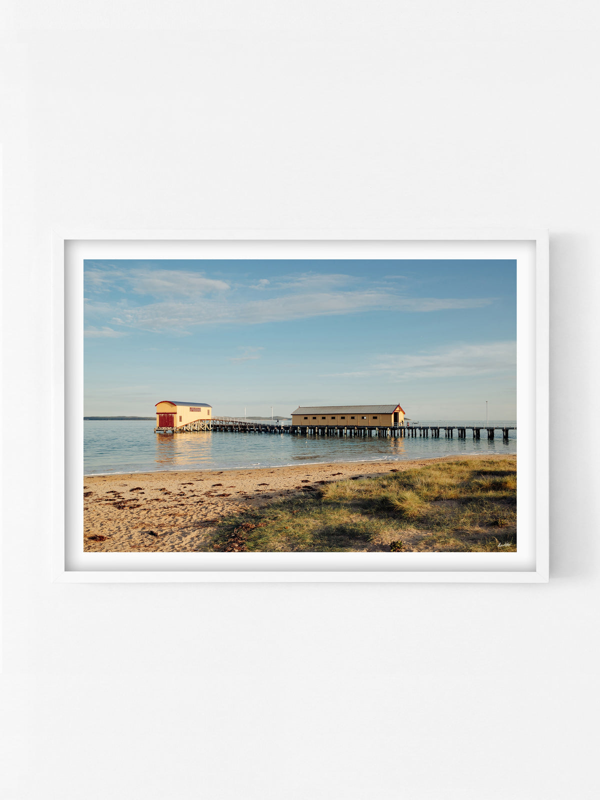 Queenscliff South Pier print in a white shadowbox frame, Bellarine Peninsula