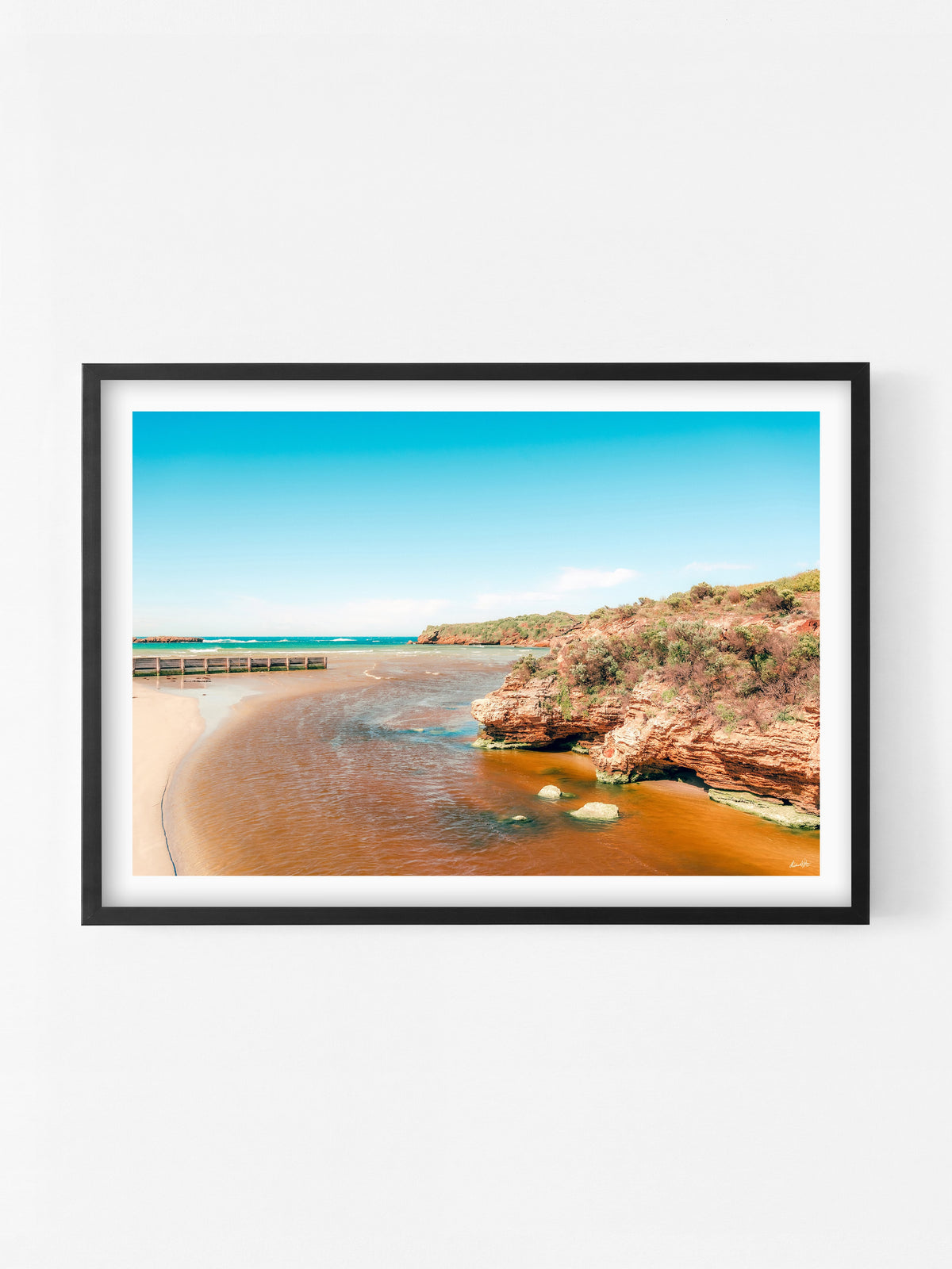 River Meets Stingray Bay Warrnambool print in a black shadowbox frame