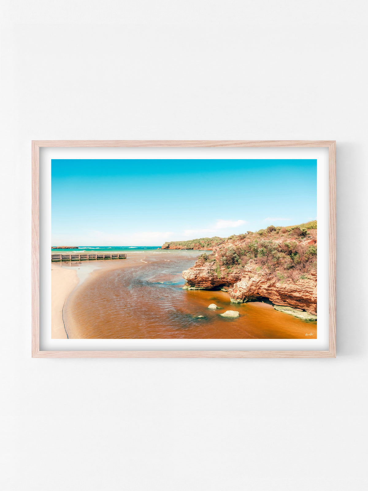 River Meets Stingray Bay Warrnambool print in a natural oak shadowbox frame