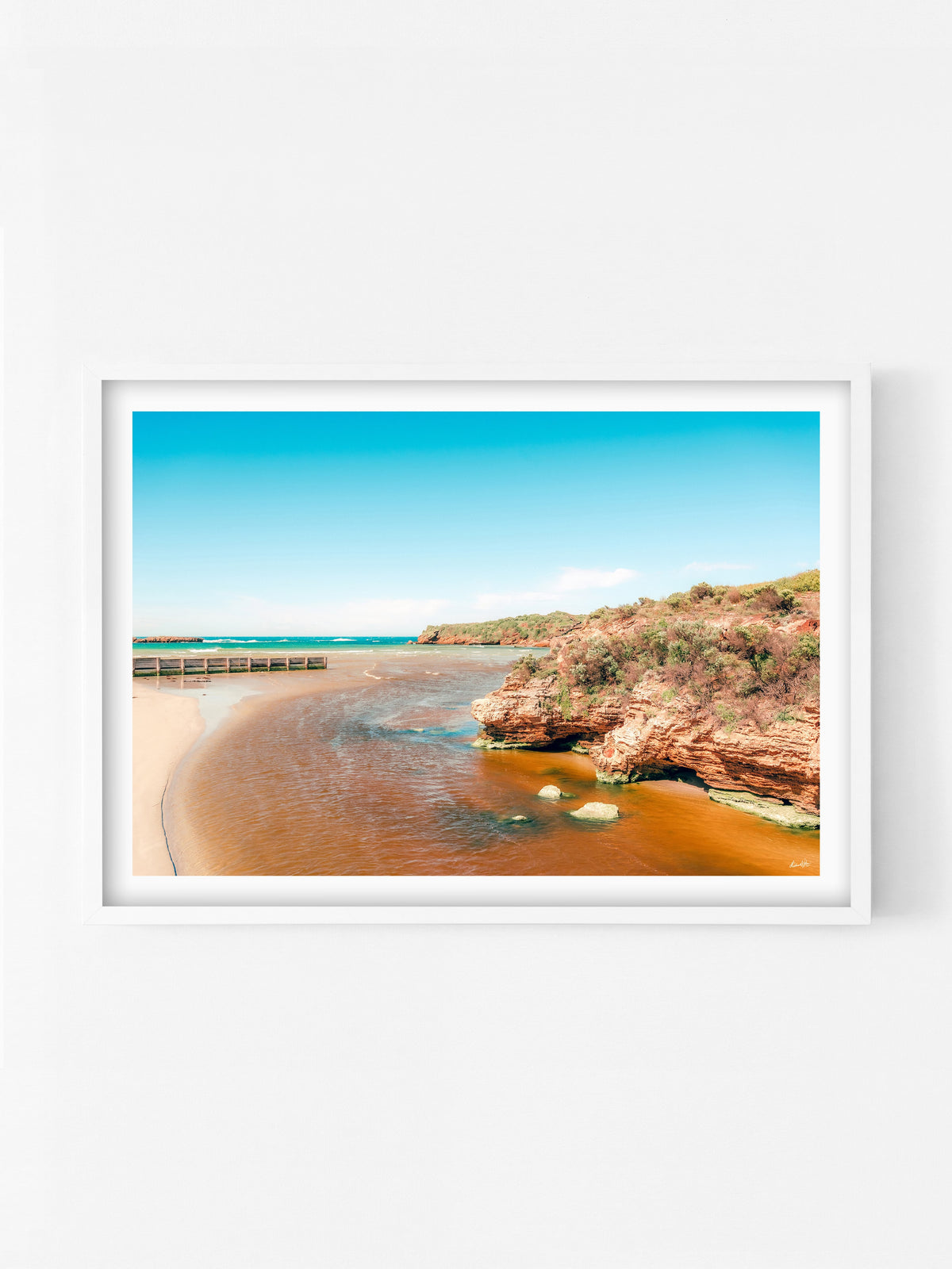 River Meets Stingray Bay Warrnambool print in a white shadowbox frame, Great Ocean Road