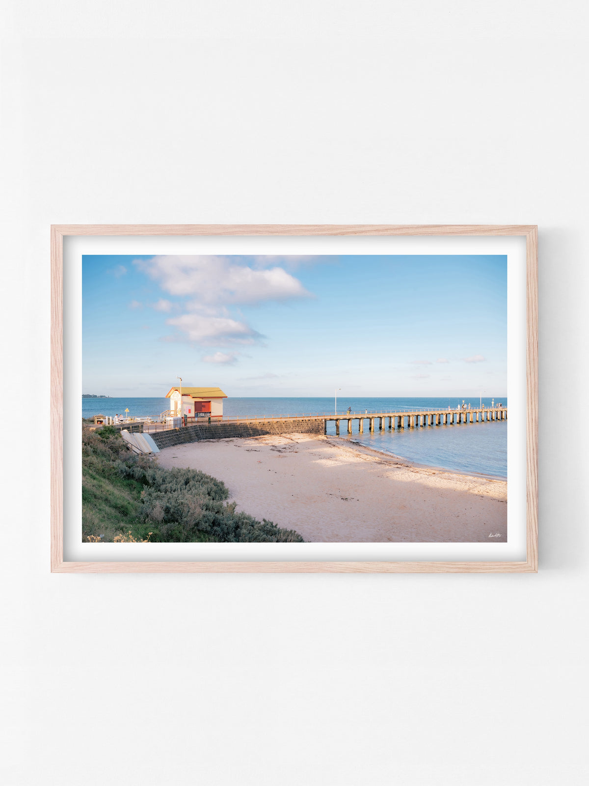 St Leonards Pier at Sunset print in a natural oak shadowbox frame