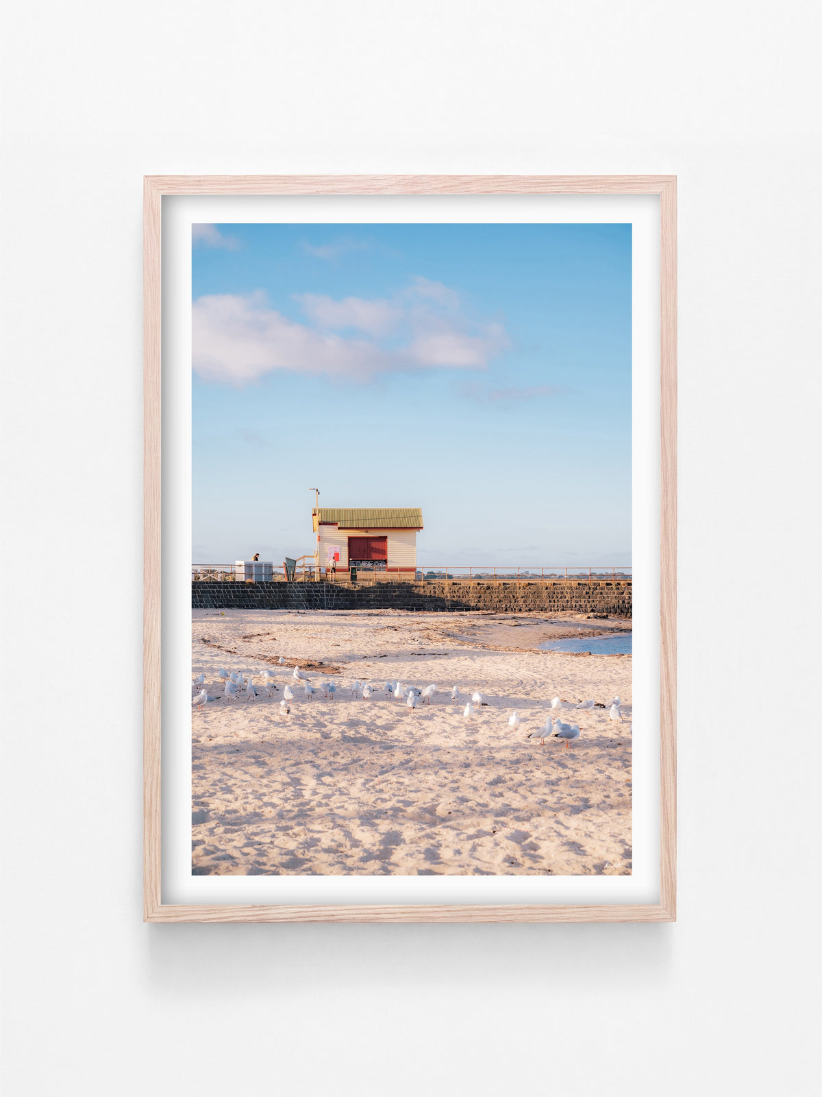 St Leonards Pier Kiosk in Fading Light Portrait print in a natural oak shadowbox frame