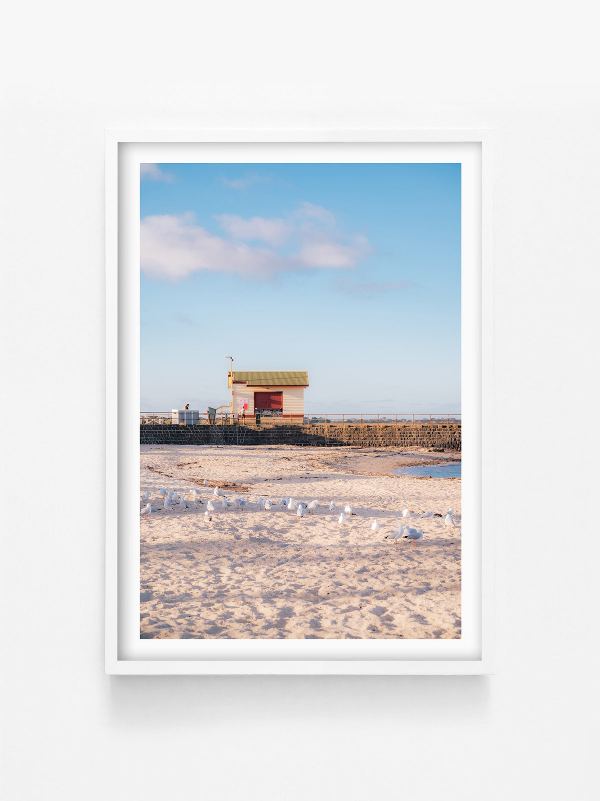 St Leonards Pier Kiosk in Fading Light Portrait print in a white shadowbox frame, Bellarine Peninsula