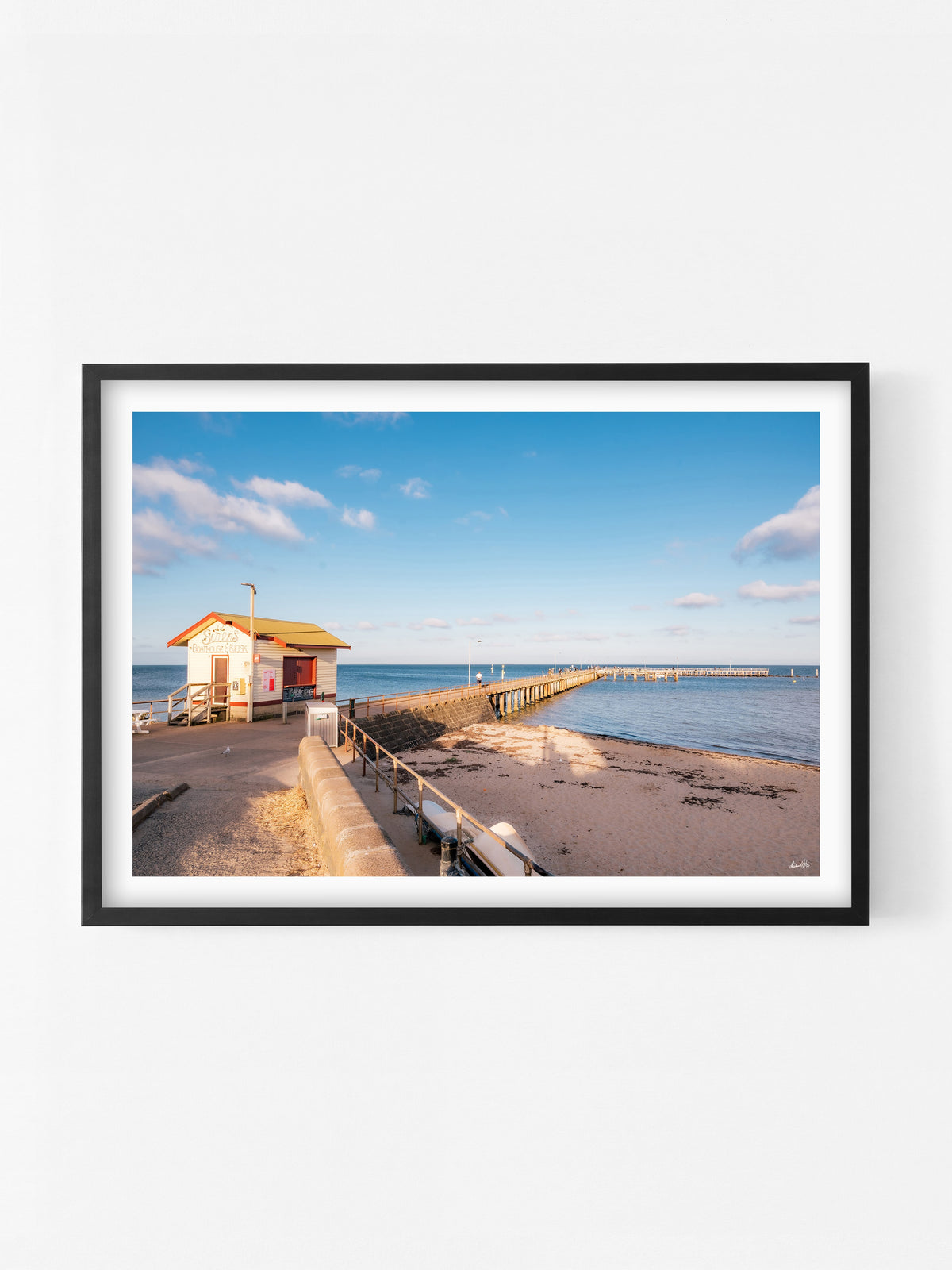 St Leonards Pier Sunset Walk print in a black shadowbox frame