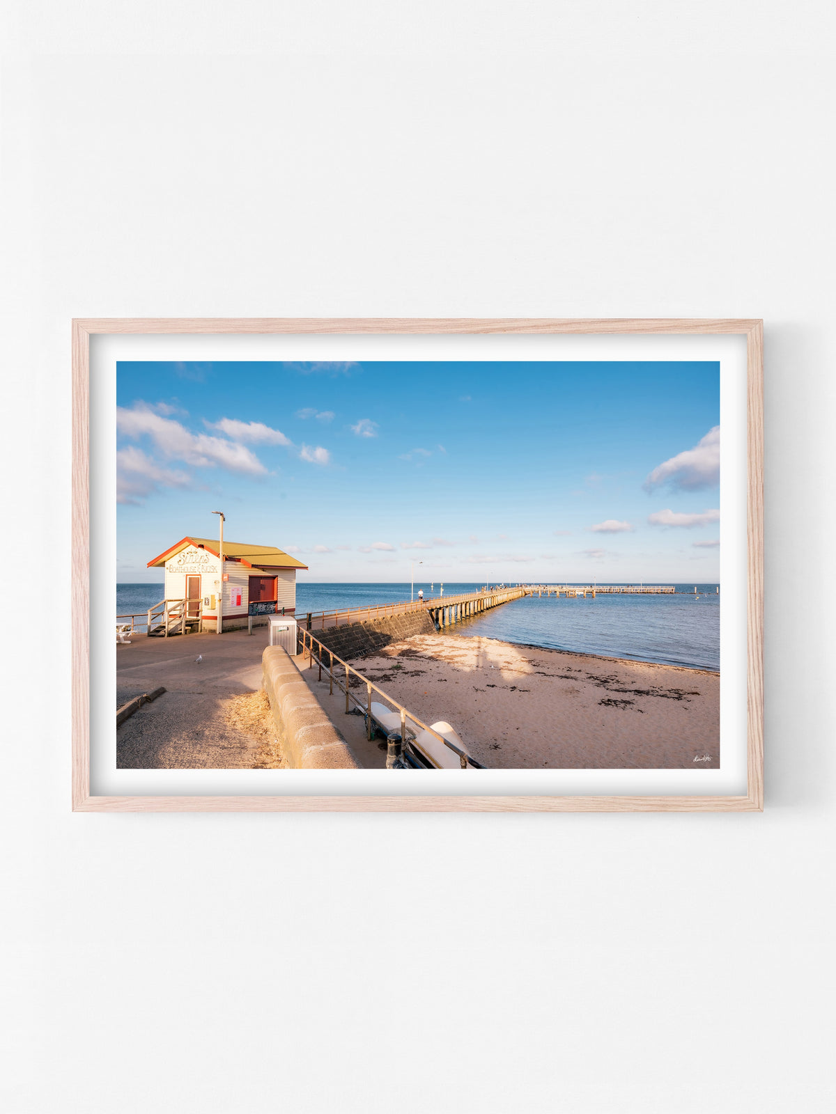 St Leonards Pier Sunset Walk print in a natural oak shadowbox frame