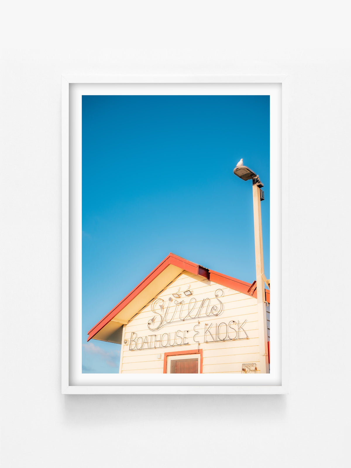 St Leonards Sirens Boathouse & Kiosk print in a white shadowbox frame, Bellarine Peninsula