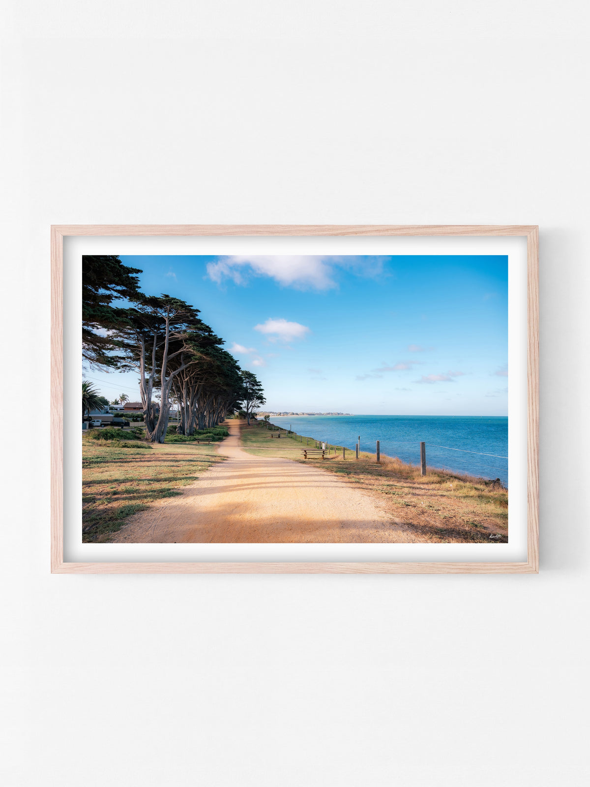 St Leonards to Indented Head View print in a natural oak shadowbox frame