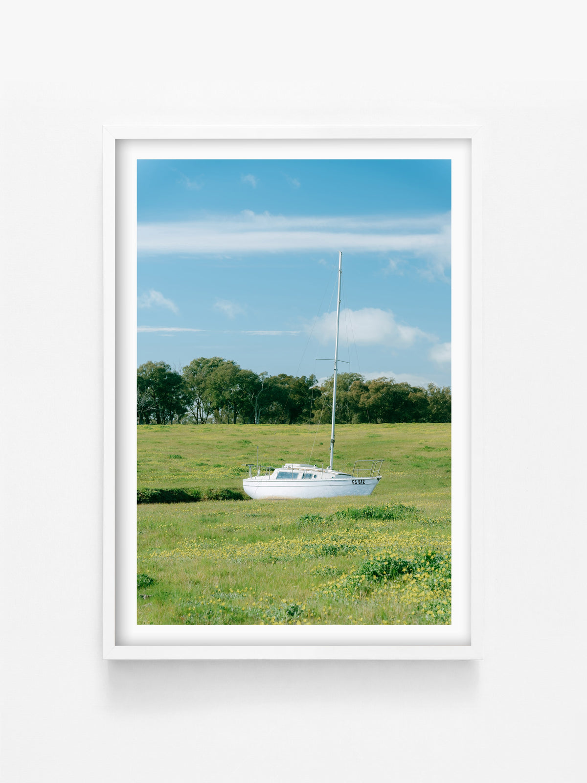Stranded print in a white shadowbox frame, regional Victoria