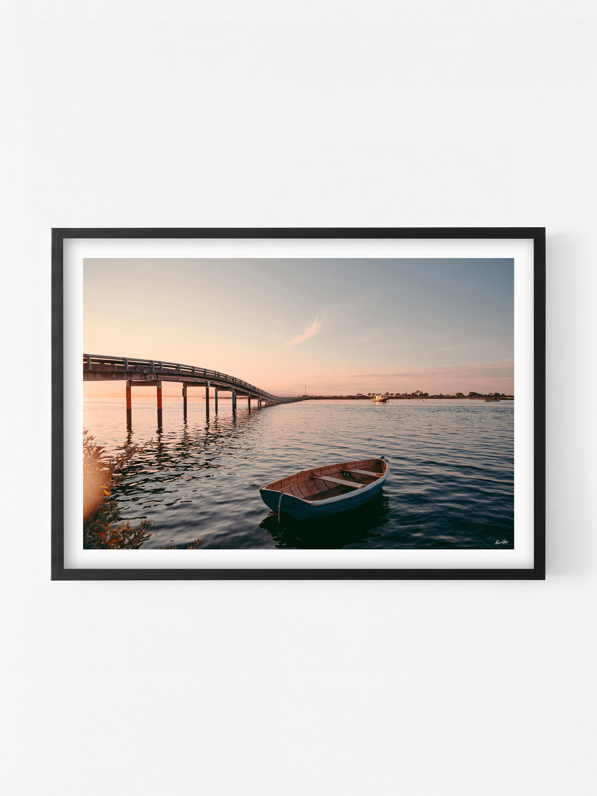 Swan Island Bridge Queenscliff at Sunset print in a black shadowbox frame