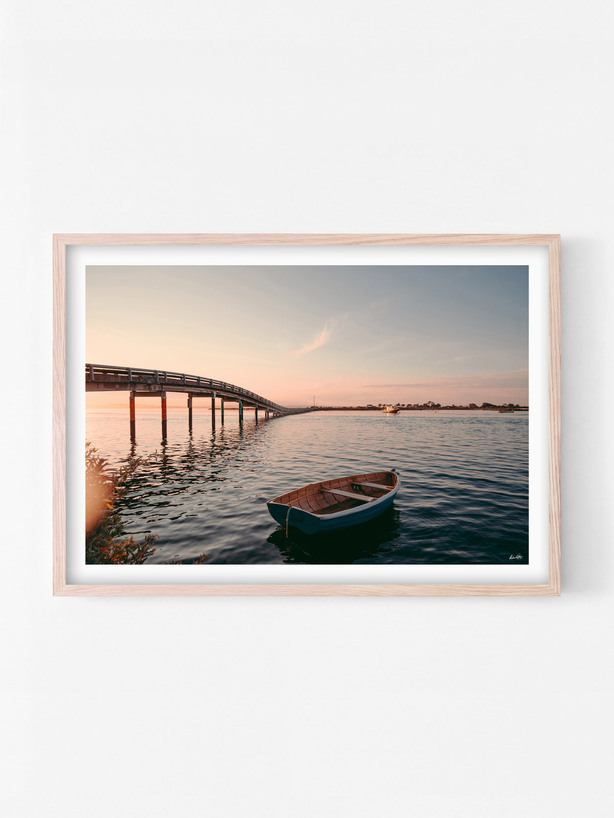 Swan Island Bridge Queenscliff at Sunset print in a natural oak shadowbox frame